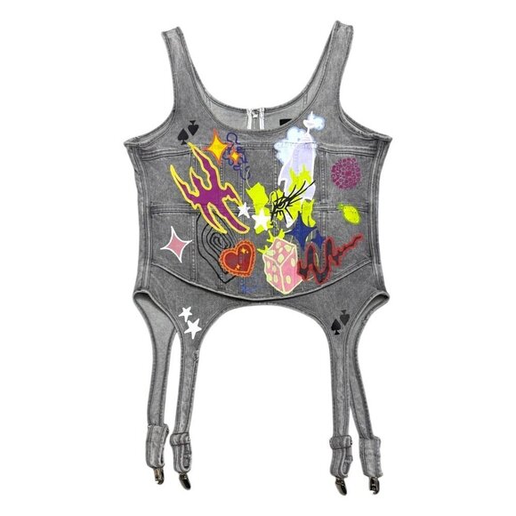 AKIRA Hand Painted CROPPED Sleeveless Denim Jean Luxury Designer Top Womens XL - Picture 1 of 7